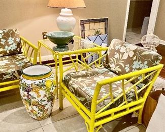 This set of aluminum faux bamboo is vintage made by Meadowcraft, Birmingham ALA. we have sofa, loveseat, two lounge chairs, two small tables, a large square side table, and a rectangular side table. Also available is a rectangular glass top dining table with SIX chairs