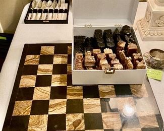 Onyx chess board with chess pieces