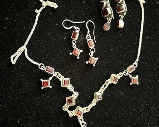 Sterling silver garnet necklace and earrings