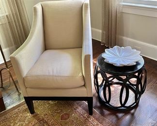 Barbara Barry for McGuire Bracelet Drum Table and linen accent arm chair