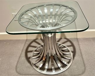Vintage Russell Woodard Polished Aluminum Side Table w/ Glass Top