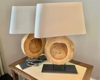 Pair of reclaimed wood table lamps with metal bases