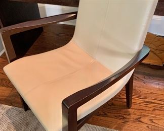 Pair of Holly Hunt leather and wood modern arm chairs