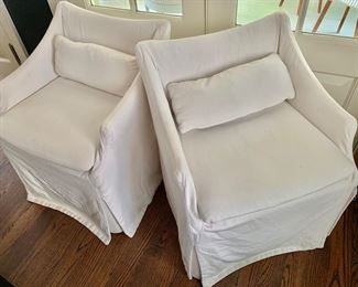 Lee Industries slipcovered arm chairs on casters