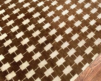 Timothy Paul wool and silk carpet in "Squares and Grid" design, chocolate and beige (9x12)