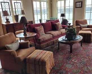 nice view of living room, sofa, swivel chairs, lamp tables, oriental rug