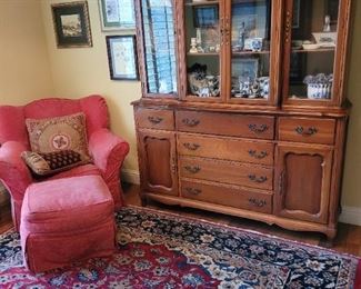 china cabinet, comfortable soft chair and matching ottoman