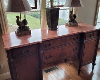 Custom painted sideboard, stain glass windows, pair of rooster lamps