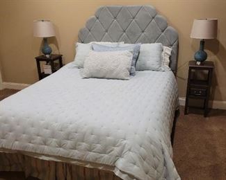 Queen size mattress, faux suede headboard, side tables and lamps