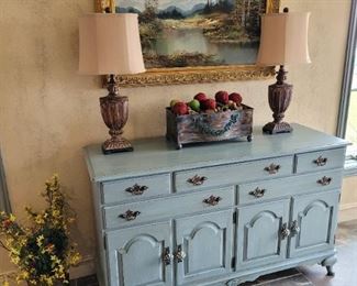 oil on canvas, lamps, painted cabinet
