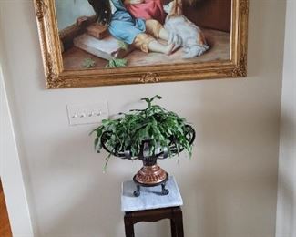 oil on canvas, marble top plant stand