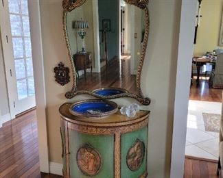 painted commode, gold gilded mirror