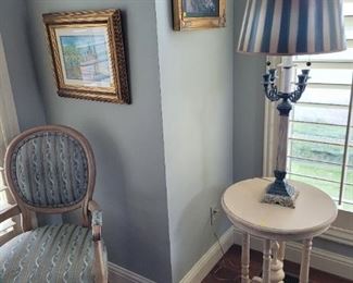 painted lamp table, upholstered side chair, lamp