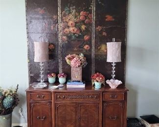 painted leather room divider, sideboard, lamps,