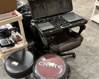 Stools, audio and tech equipment, partial view...