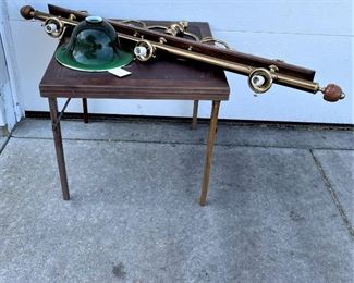 Nice brass, heavy 3 light pool table lamp. From Patti brothers. Good condition, All 3 case green glass shades available. 