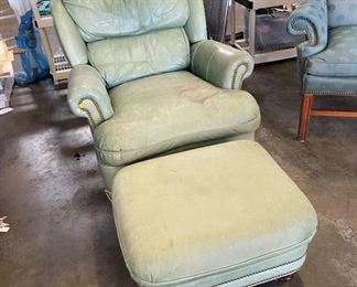 Pale green leather chair with ottoman. Comfy, not perfect, but pretty clean. 