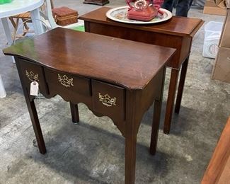 Similar but slightly different 3 drawer Side tables. Repro red phone, bar tray. Summer picnic items n background...