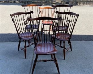 Set of 6 Windsor chairs, 2 Captains, Marked WCW, some wear on seats. Purchased from "Leonards", Vintage.