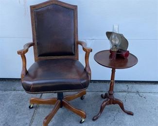 Leather office chair side table oil lamp made from old tin.