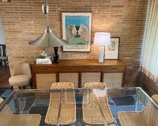 Milo Baughman glass and chrome dining table, Edward Wormley for Dunbar sideboard