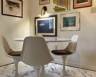 MCM Tulip table with four chairs by Burke, Inc., brushed aluminum and eggshell