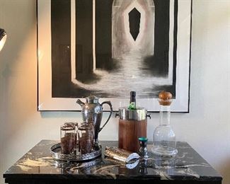 Original charcoal drawing by California artist Tobin Keller. Handmade mid century bar, complete with pressure hinges, very "Mad Men".