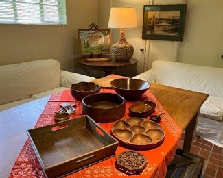 Canvas slip covered sofa and loveseat, very clean; many hand hewn wooden functional and decorative pieces