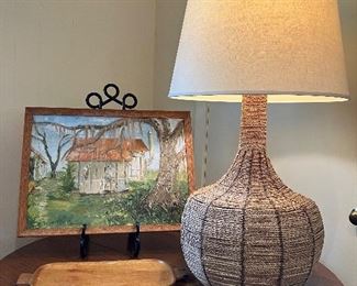 Center pedestal round oak table with two leaves, monumental sea grass wrapped lamp.