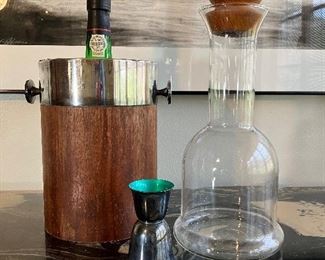 Dansk decanter with teak stopper, Towle silverplate and teak wine cooler