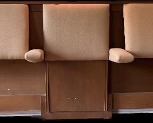 Double twin single headboard by Edward Wormley for Dunbar, perfect condition with pull out headboard and armrests, room for a table between, upholstered in tan/gold wool.