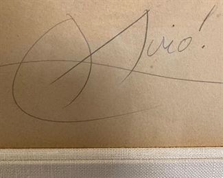 Joan Miro, Spanish, 1893-1983, "Homage to Raymond Queneau", Pencil Signed and Numbered Lithograph, edition of 120 copies. Please note: The marks visible at the bottom are on the outside surface of the plexiglass glazing, not on the print.