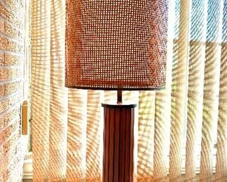 Mid-century "Gruvwood" Danish wooden slatted lamp with original woven double shade - a must see!