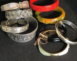 Sterling silver bangles, cinnabar, jade