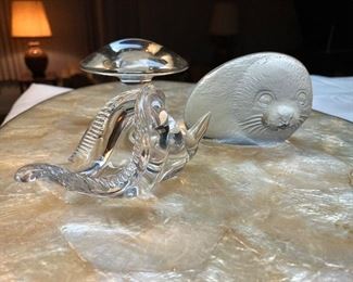 Mats Jonasson "Baby Seal" paperweight, "Viking" Zodiac Mushroom with "Cancer" crab icon on the bottom, Lead crystal open conch shell dish in the style of Licio Zanetti