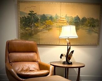 Beautiful, pristine, hand painted Chinese screen, laid down on silk and cradled on the back for hanging; mid century brutalist style copper lamp with matching finial