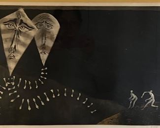 Two Kites, drypoint etching by artist Lars Bo, Danish, 1924-1999, edition 38/90