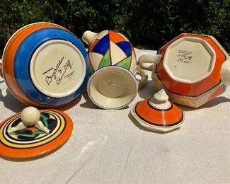 Clarice Cliff, England, circa 1930’s hand painted “Bizarre” ware, excellent condition. Extremely rare