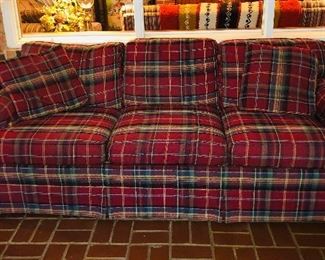 Red/navy plaid sofa