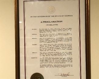 Proclamation signed by Gov Joe Frank Harris and chief administrative officer Tom Perdue recognizing John Henry for appearing on page one of the Wall Street Journal/1985.  Ga State Seal affixed 