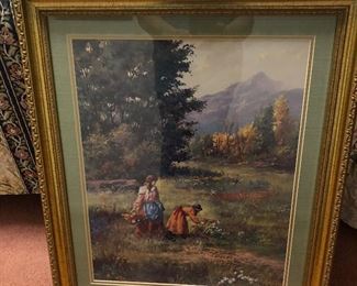 LARGE VICENTE ROSO SIGNED PRINT FRAMED VTG GIRLS FLORAL