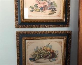 Vintage or antique BLUE velvet hold FRAMED BIRD FRUIT ART PRINTS
