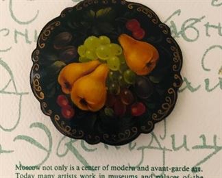 Russian hand painted and signed brooch with original tag