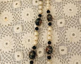 Cloisonné beads and pearl necklace