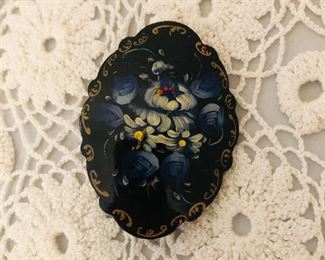 Vintage Russian hand painted and signed brooch 