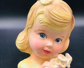 Vintage Enesco 1950s Delsey Tissue Blonde Girl Head Vase Flowers Blue Eyes Japan