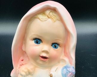 VTG MID CENTURY 50'S ENESCO BABY BLANKET NURSERY CERAMIC HEAD VASE PLANTER JAPAN Orig tag