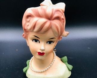 
Mid century Enesco/Japan Lady Head Vase with Pearls.  