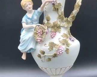 
Andrea Sadek Vintage Majolica Vase Girl Picking Grapes GRAPE HARVES Hand Made