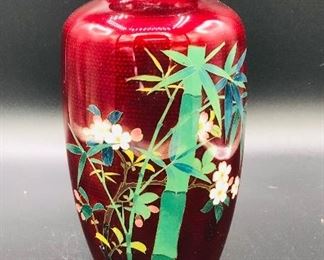 
1960s Mid Century Modern bamboo and cherry blossom Enamel Red Japanese Cloisonné Floral Vases - a Pair 